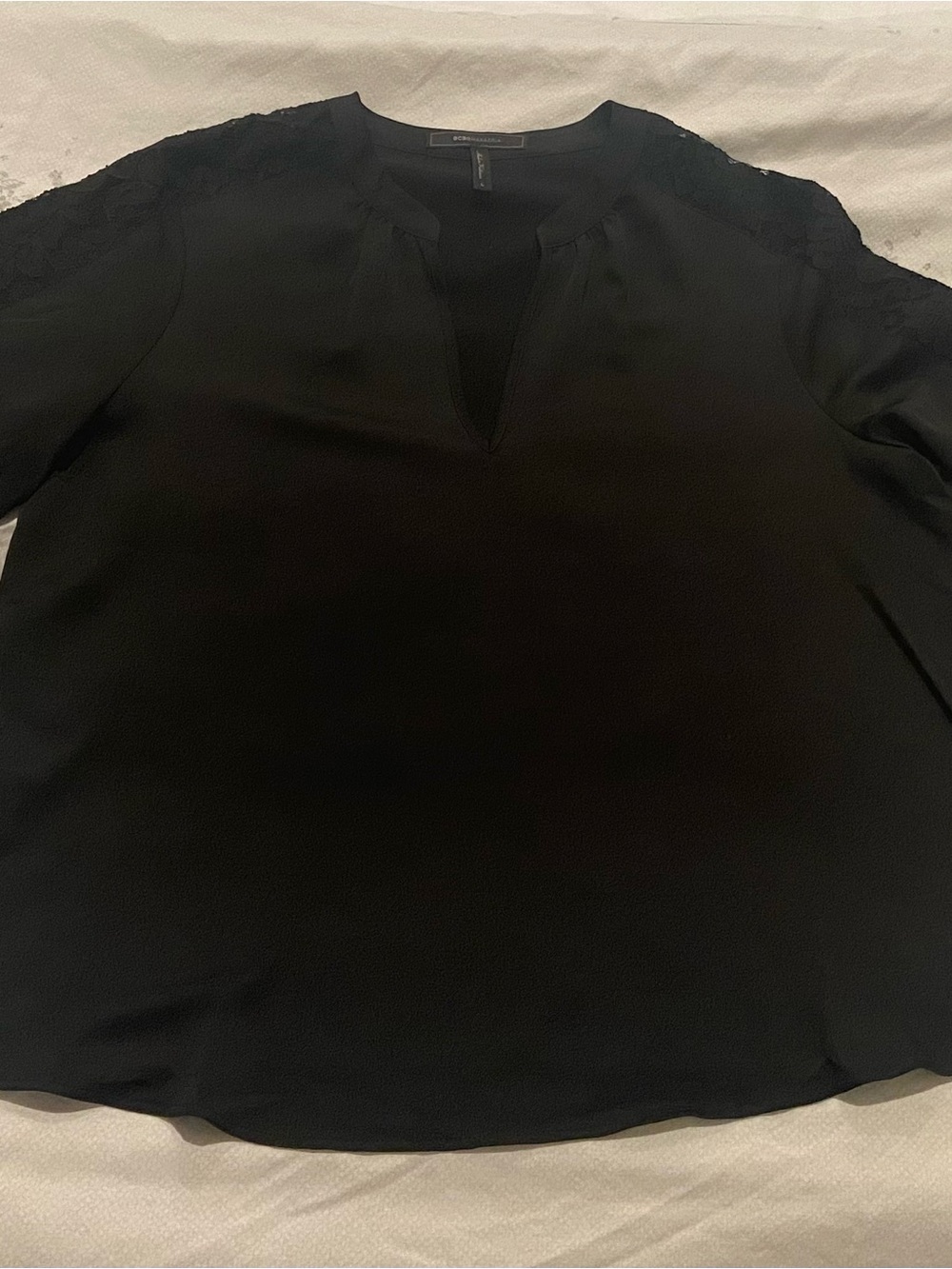BCBGMaxAzria Black Split-Front Blouse with Lace Shoulder Trim